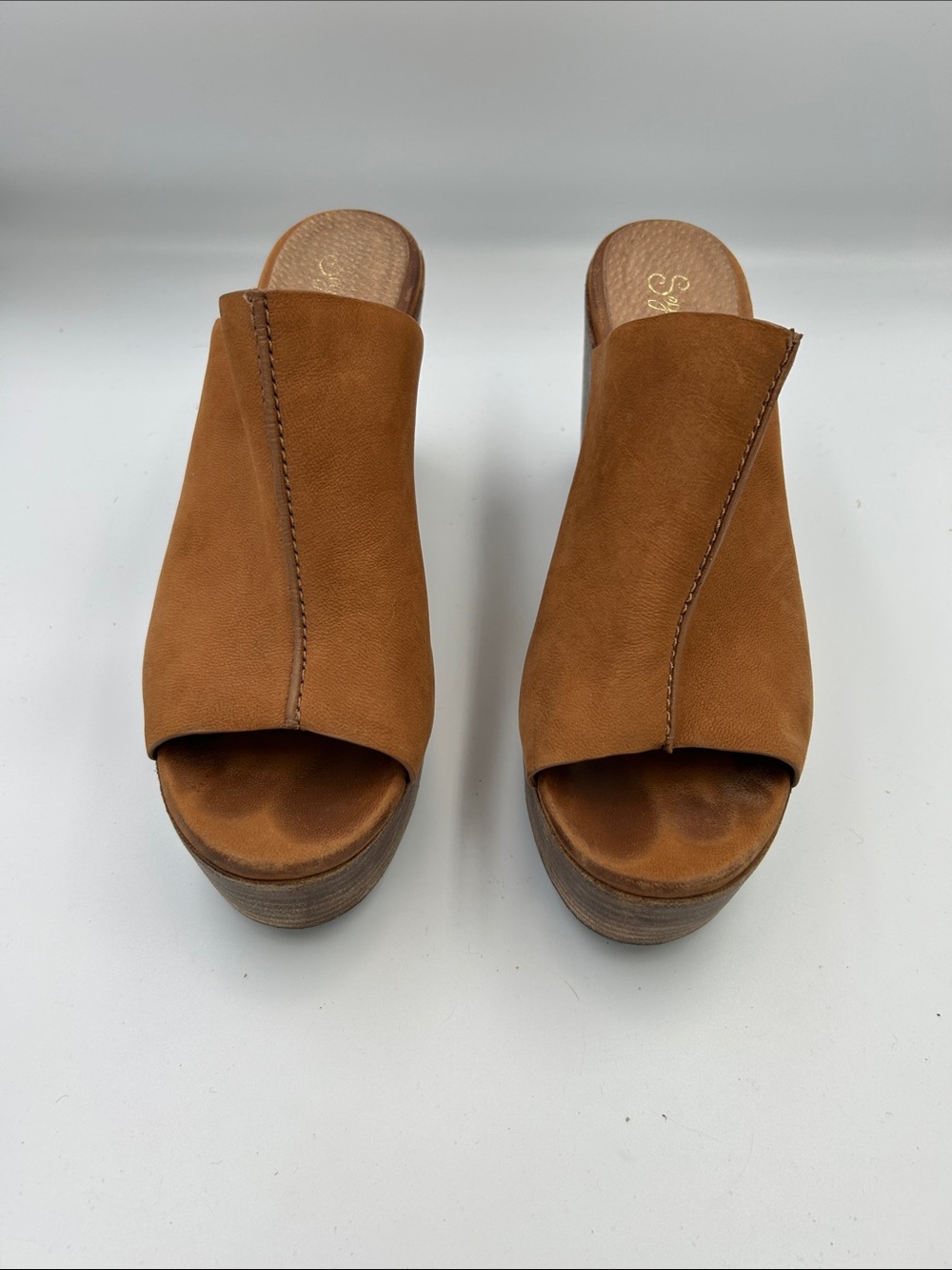 Seychelles Tan Leather Peep Toe Platform Mule Clogs Size 9.5